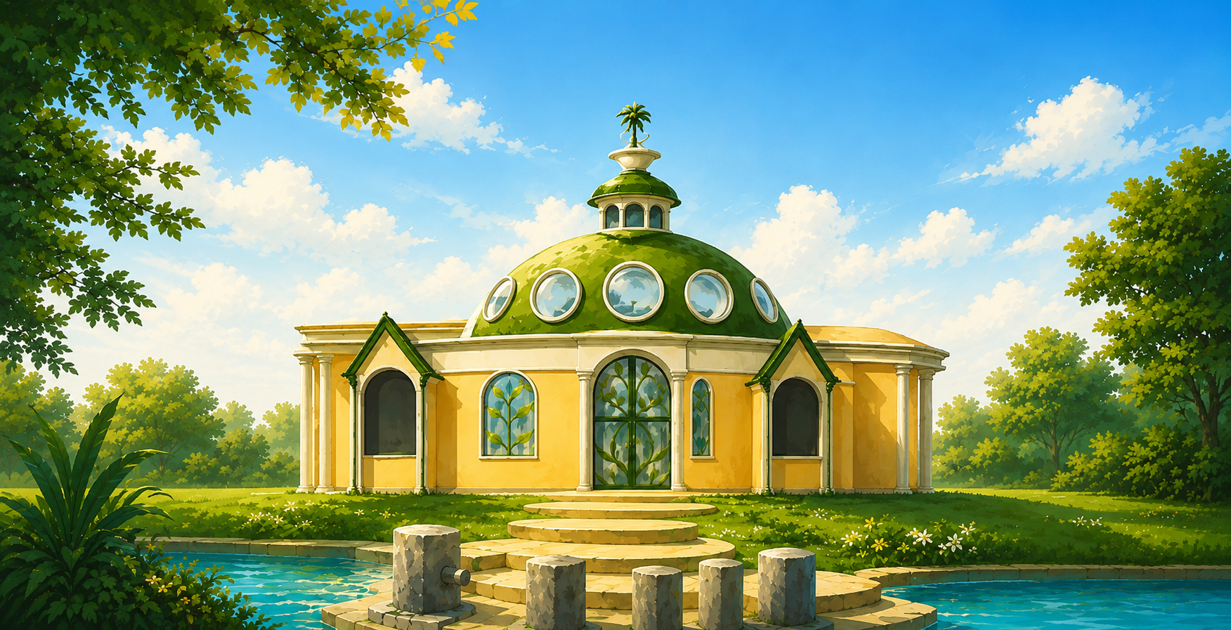 Whimsical pavilion in serene garden